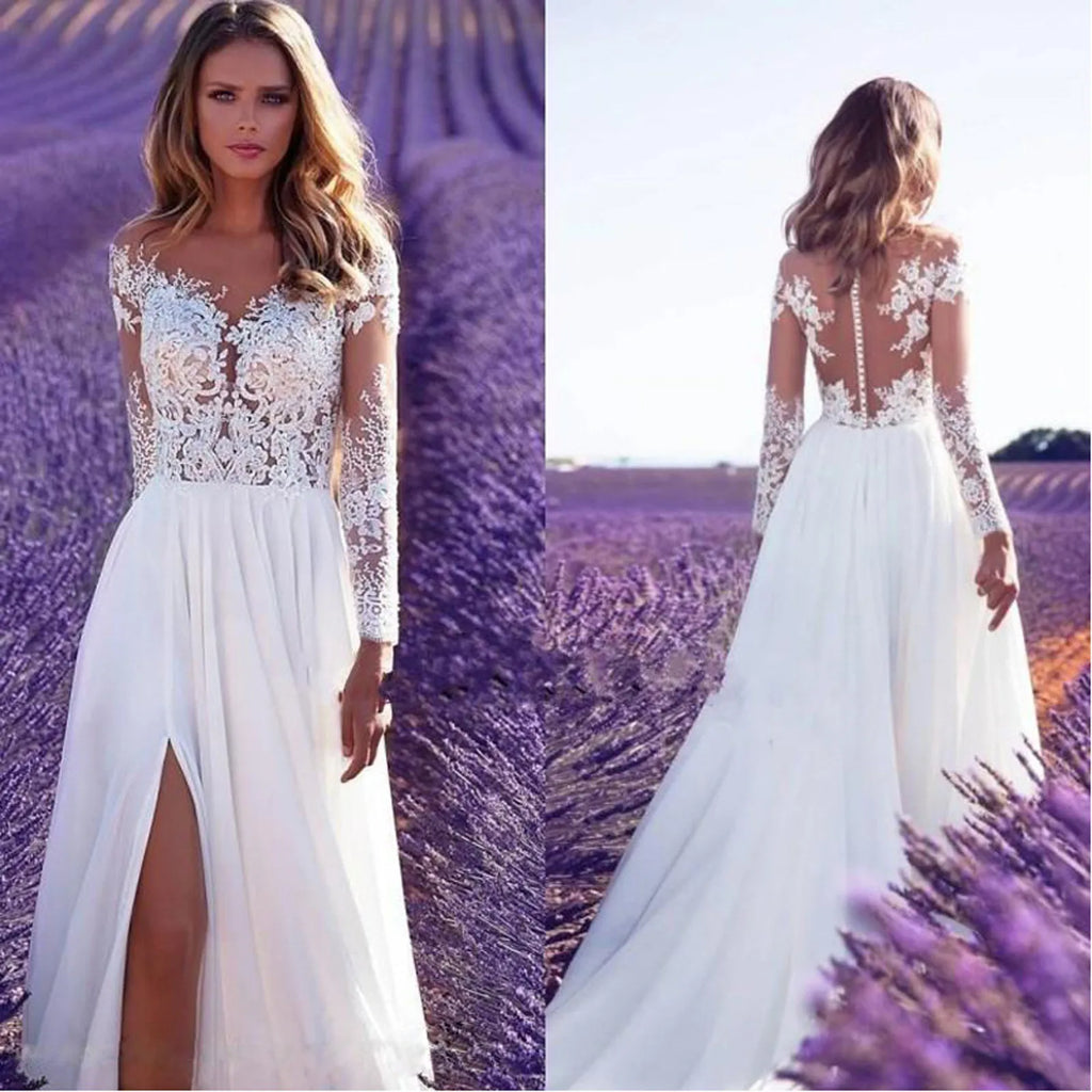 Flowing Lace Bodice Maxi Dress With Sheer Detail And Side Slit
