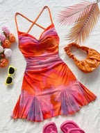 Tie Dye Ruched Mini Dress with Sweetheart Neckline and Flared Hem