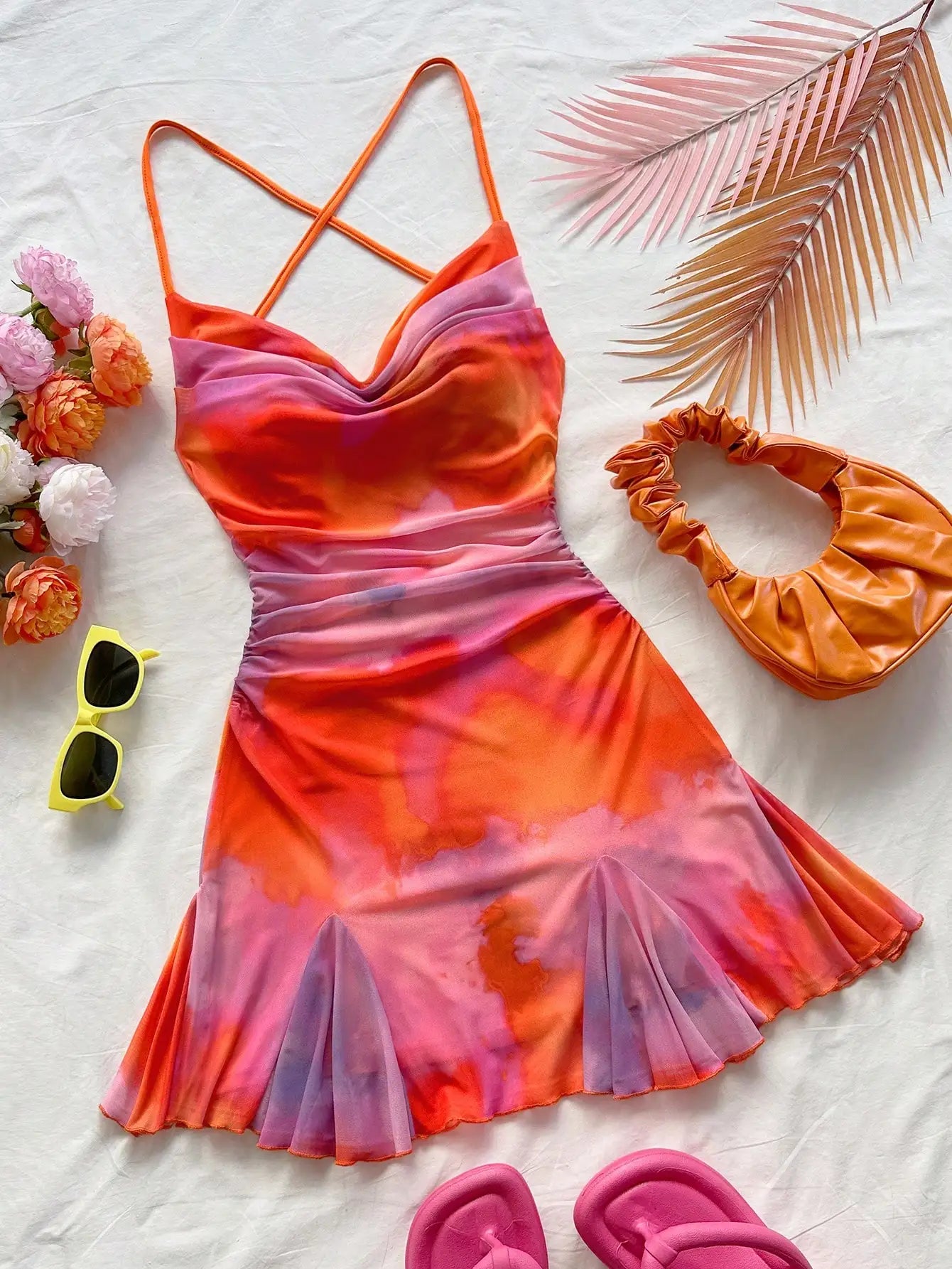 Tie Dye Ruched Mini Dress with Sweetheart Neckline and Flared Hem
