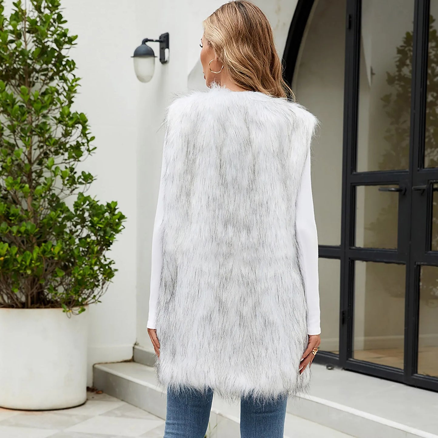 Women's Mid-Length Faux Fur Open Front Vest Cozy Casual Layering Outerwear Jacket
