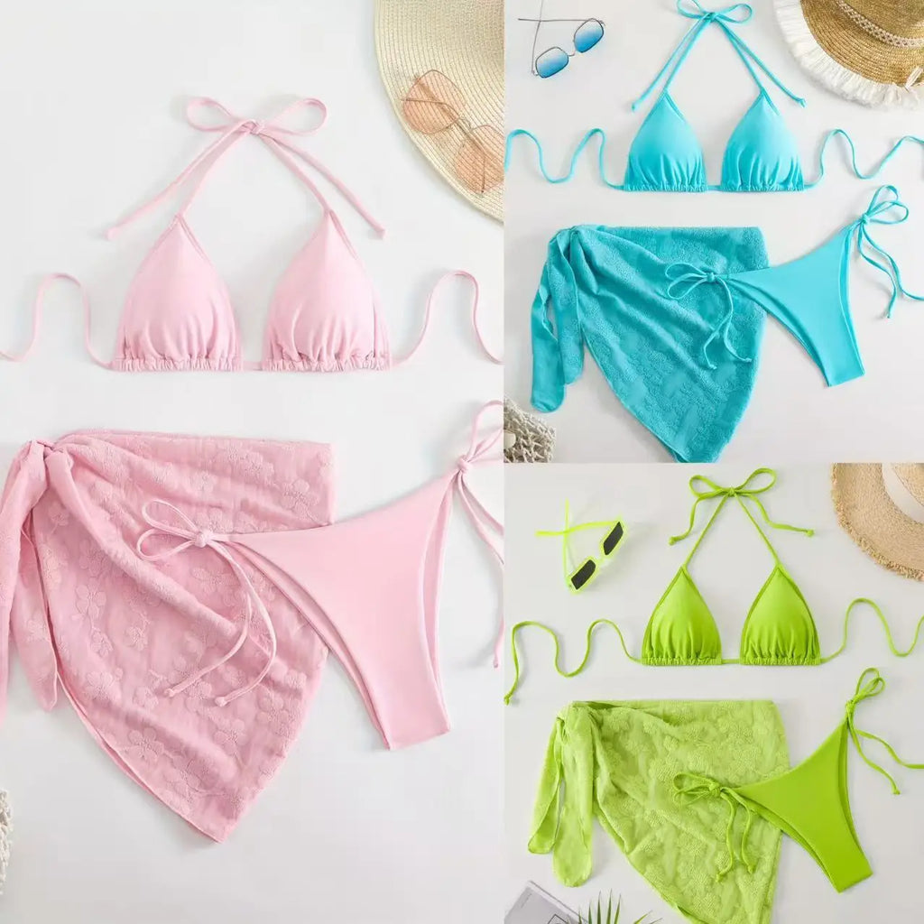 Bright Turquoise Three-Piece String Bikini Set with Matching Tie Sarong