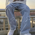 Men's Straight Leg Denim Jeans with Decorative Embroidery Distressed Detail Casual Streetwear Style