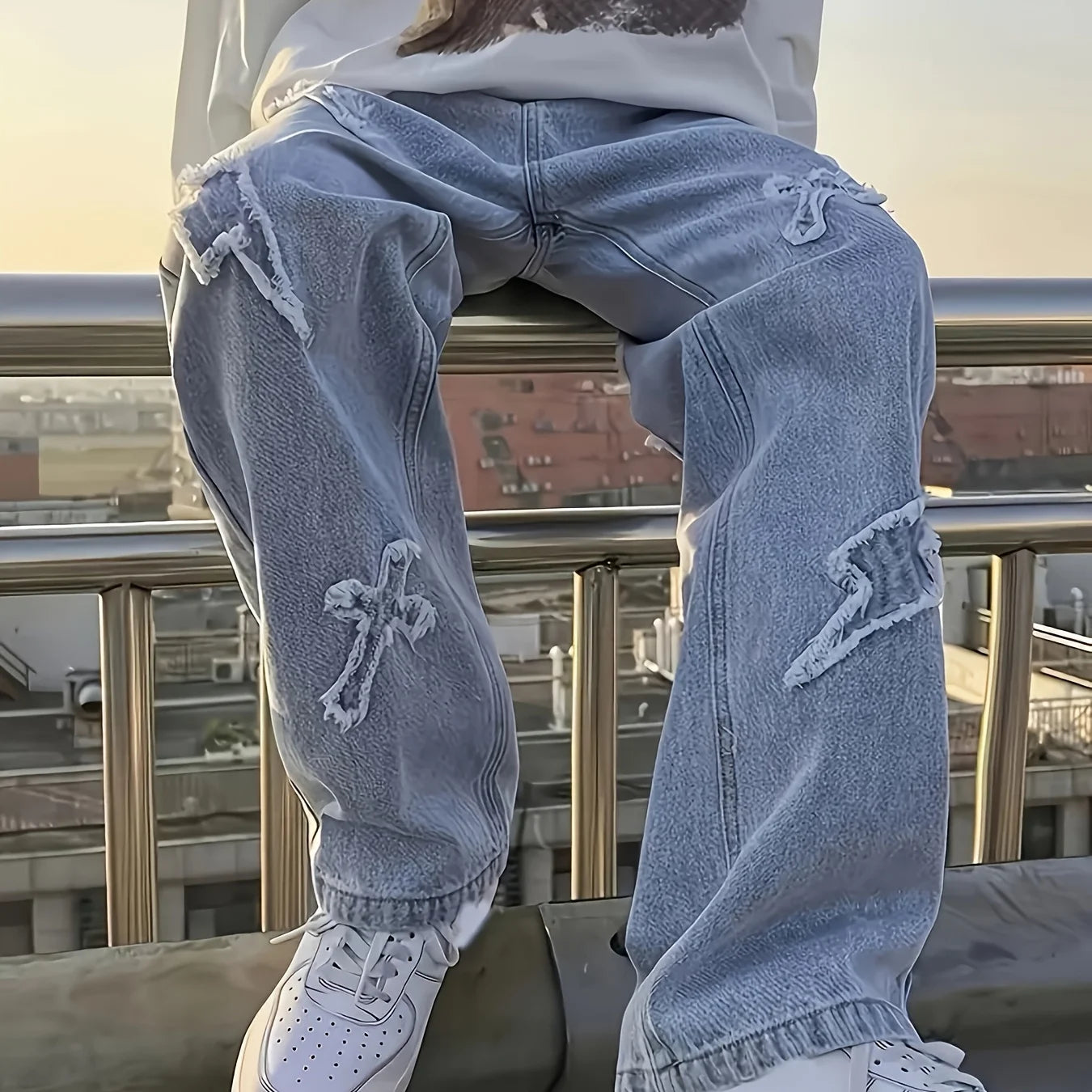 Men's Straight Leg Denim Jeans with Decorative Embroidery Distressed Detail Casual Streetwear Style