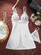 White Sheer Lace Camisole and Thong Lingerie Set with Delicate Straps, Floral Lace Detailing and Split-Hem Silhouette