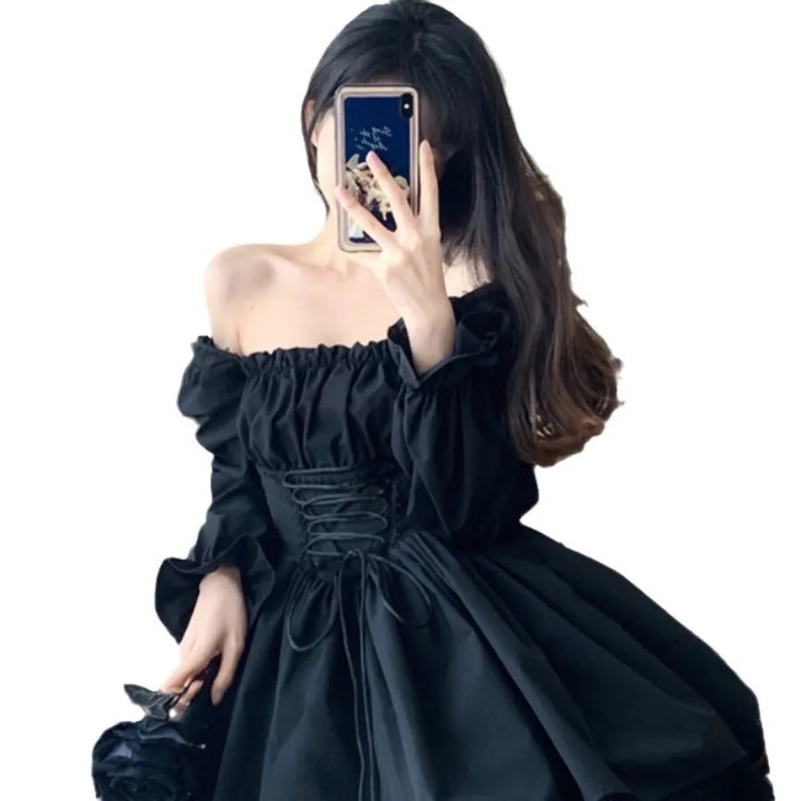 Anime Gothic Puff Sleeve Mini Dress with Dark Romantic Aesthetic