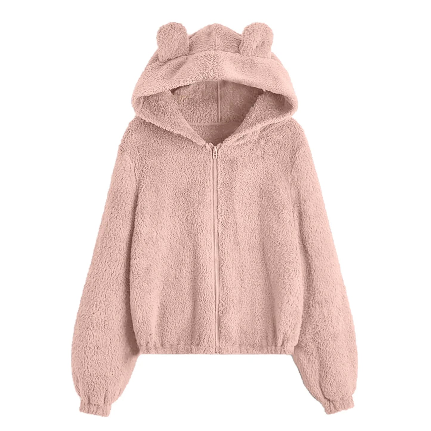 Women's Plush Zip-Up Hoodie with Bear Ear Hood Relaxed Casual Everyday Style