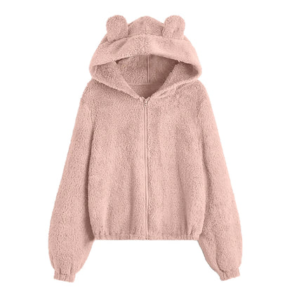Women's Plush Zip-Up Hoodie with Bear Ear Hood Relaxed Casual Everyday Style