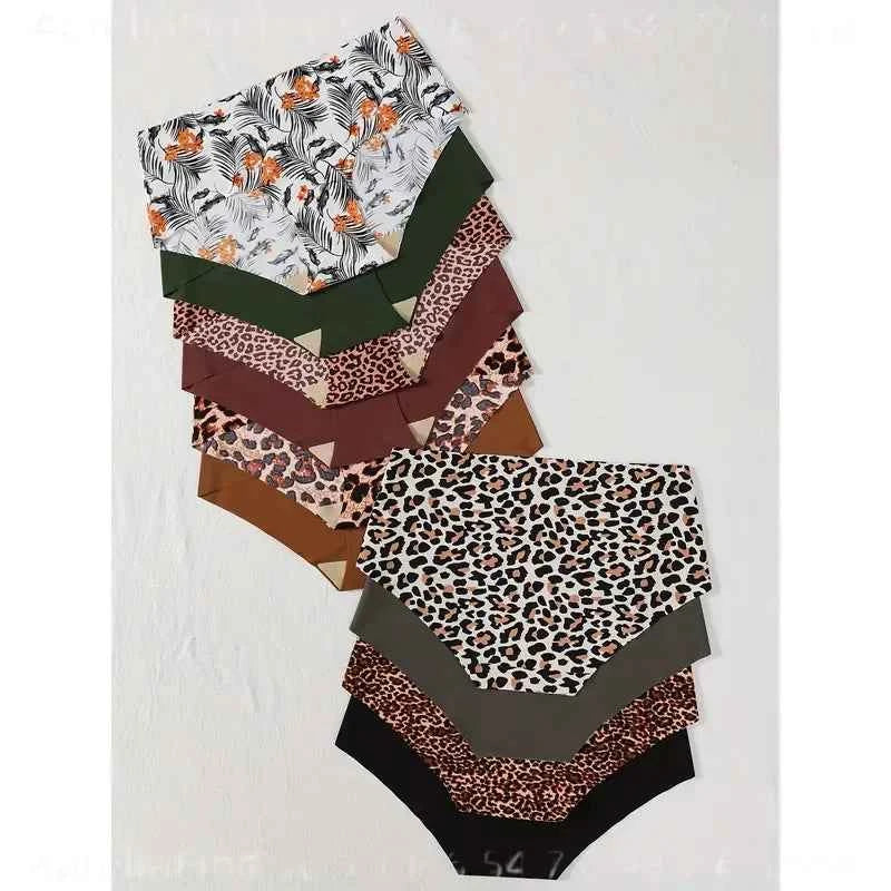 10-Piece Women’s Seamless-Style Hipster Briefs Set with Tropical Floral and Leopard Prints, Plus Assorted Solid Colors