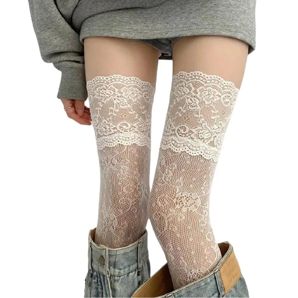 Floral Lace Fishnet Thigh High Stockings with Breathable Mesh Over-the-Knee Design