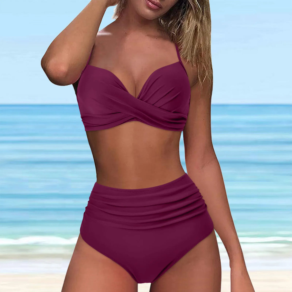 Hot Pink High-Waisted Two-Piece Bikini Set with Underwire Top, Ruched Details and Long-Line Bottom for Women