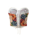 Vintage-Inspired Floral Print Strapless Corset with Scalloped Lace Trim