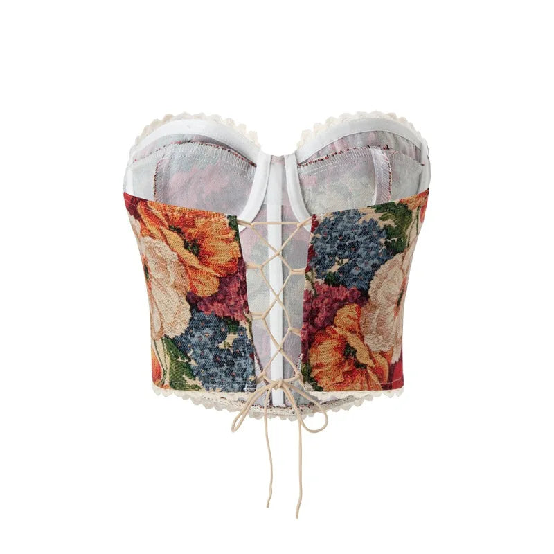 Vintage-Inspired Floral Print Strapless Corset with Scalloped Lace Trim