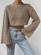 Women's Mock Neck Cropped Knit Sweater With Flared Sleeves