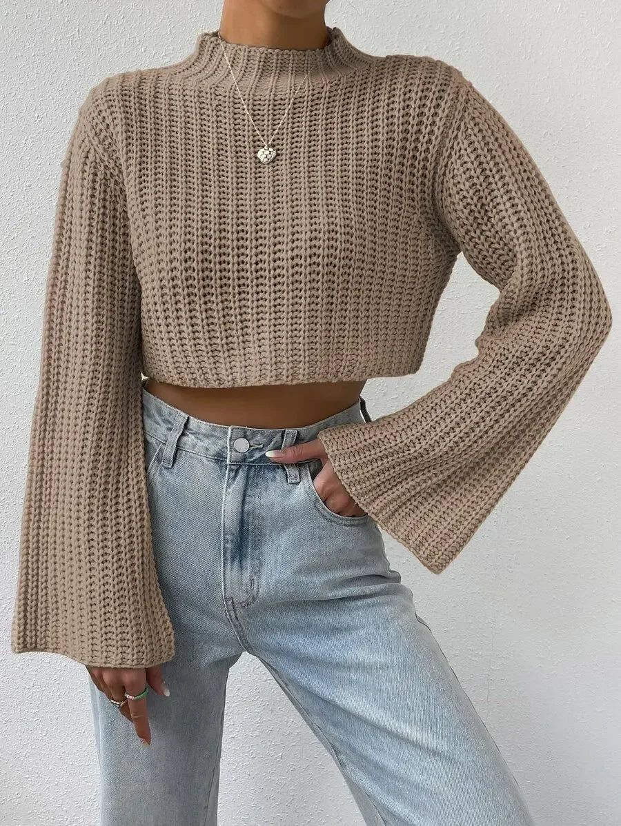 Women's Mock Neck Cropped Knit Sweater With Flared Sleeves