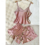 Women's Cherry-Inspired Print Cami Pajama Set with Ruffle Trim, V-Neck Spaghetti-Strap Top and Matching Shorts, Cute Loungewear