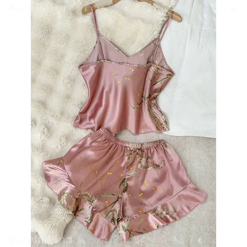 Women's Cherry-Inspired Print Cami Pajama Set with Ruffle Trim, V-Neck Spaghetti-Strap Top and Matching Shorts, Cute Loungewear