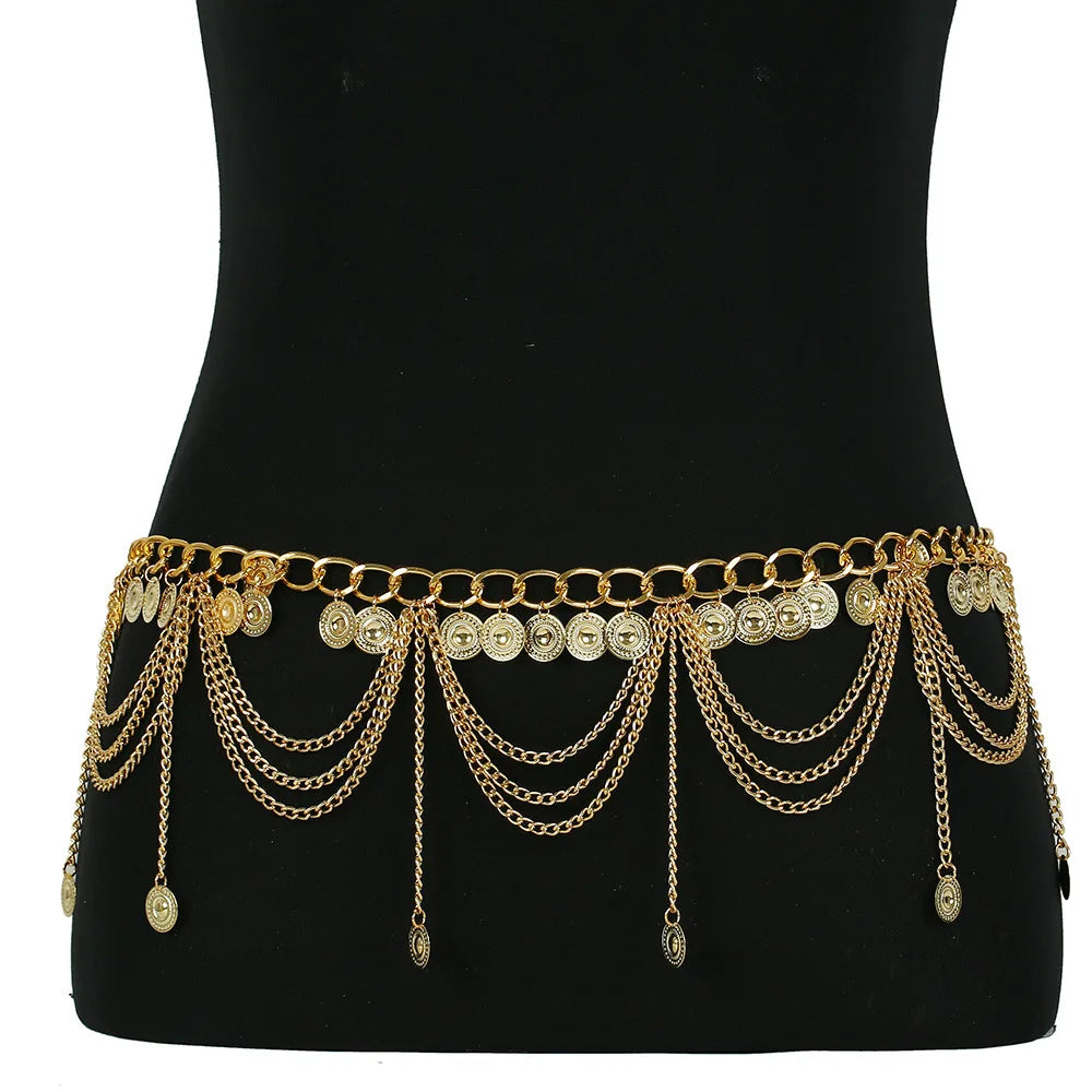 Bohemian Layered Coin Tassel Waist Chain Belt for Festival and Statement Styling