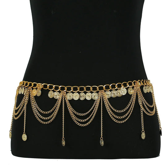 Bohemian Layered Coin Tassel Waist Chain Belt for Festival and Statement Styling