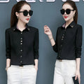 Tailored Slim-Fit Button-Down Blouse with Metallic Collar Accents