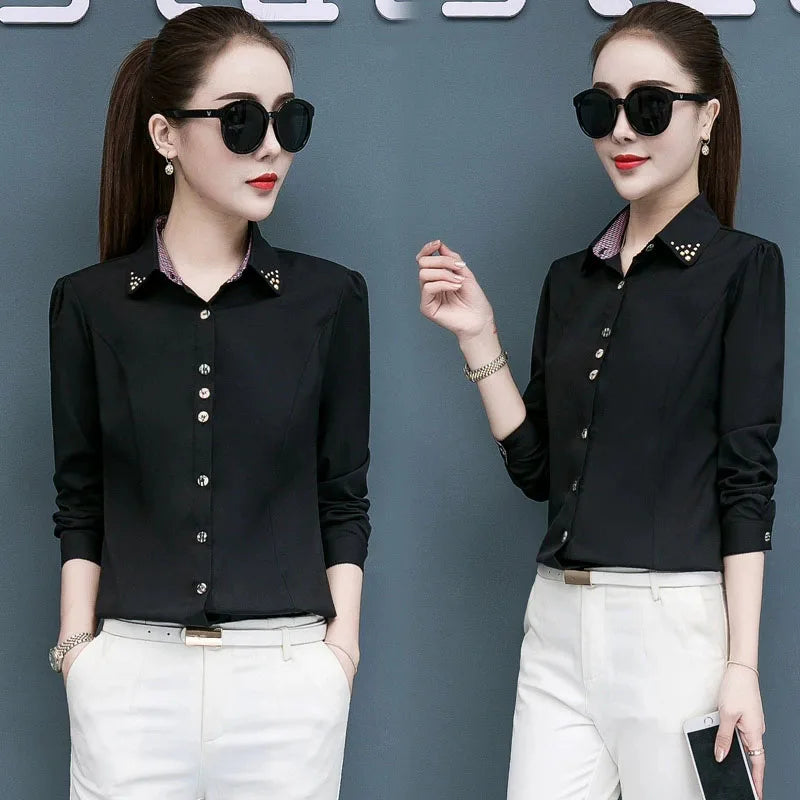 Tailored Slim-Fit Button-Down Blouse with Metallic Collar Accents