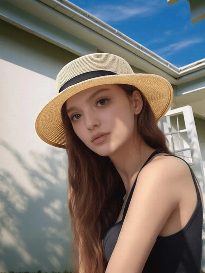 Women's Wide Brim Woven Straw Sun Hat with Decorative Band for Beach and Vacation Style