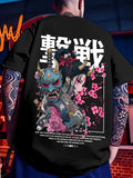 Oni Mask Anime Oversized Back Print Washed Streetwear Cotton T-Shirt