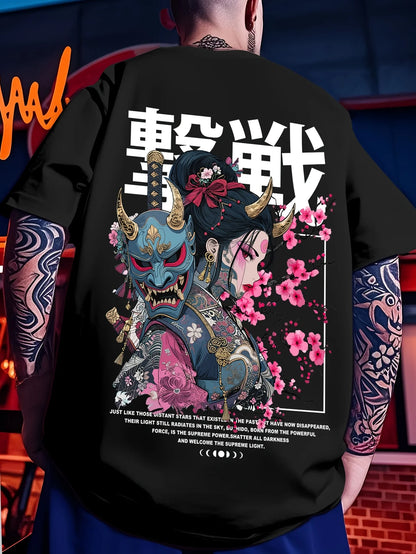 Oni Mask Anime Oversized Back Print Washed Streetwear Cotton T-Shirt