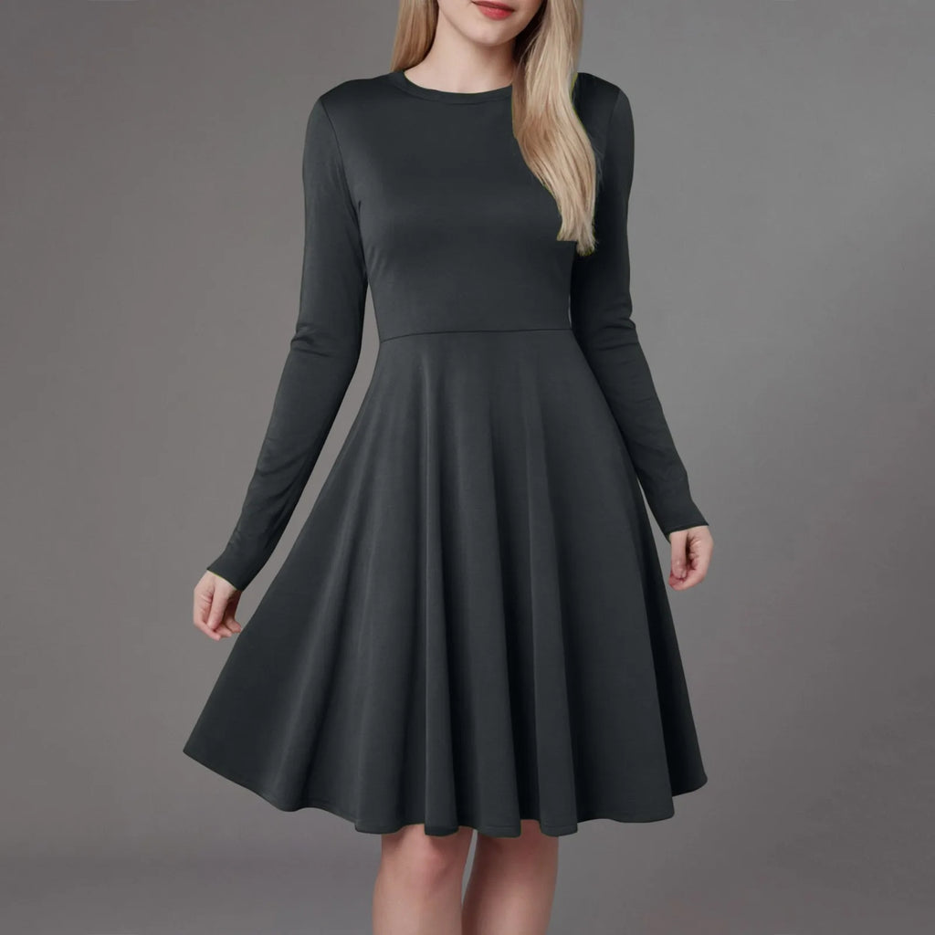 Elegant Solid Color Long-Sleeve A-Line Dress with High Waistline