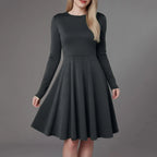 Elegant Solid Color Long-Sleeve A-Line Dress with High Waistline
