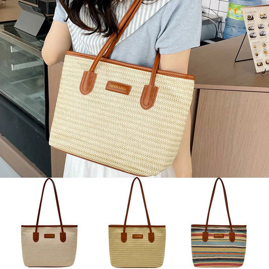 Large Capacity Woven Straw Tote Shoulder Bag for Everyday Travel
