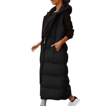 Women's Long Hooded Quilted Puffer Vest Relaxed Casual Winter Layering Outerwear