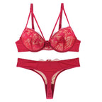 Sophisticated Navy Blue Embroidered Push-Up Bra and Thong Set with Strappy Accents