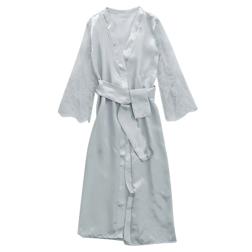 Glamorous Floor-Length Satin-Finish Robe with Sheer Floral Lace Statement Sleeves