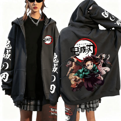 Anime-Inspired Action Streetwear Zip Hoodie with Manga Graphic Artwork