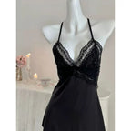 Elegant Black Satin-Finish Chemise with Sheer Lace Bodice