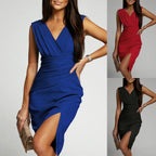 Elegant Royal Blue Sleeveless Midi Dress with Ruched Detailing and Front Slit