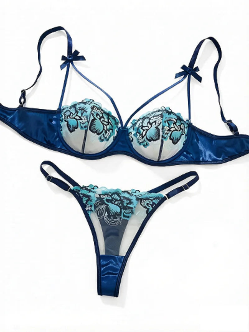 Sapphire Blue Embroidered Half-Cup Bra Set with Strappy Accents