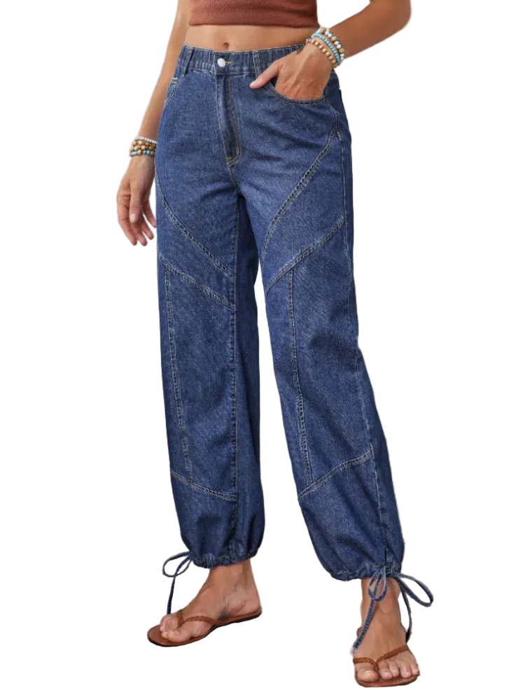 High Waist Parachute Denim Jeans with Wide Leg Cargo Style Drawstring Hem