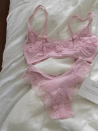 Minimalist Light Pink Wire-Free Lounge Bralette and Brief Set with Delicate Lace Edging