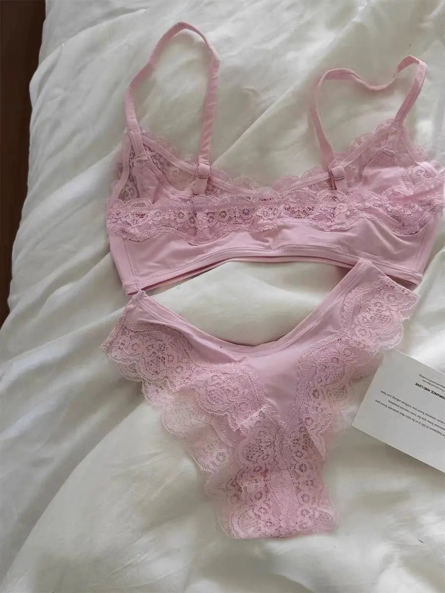 Minimalist Light Pink Wire-Free Lounge Bralette and Brief Set with Delicate Lace Edging