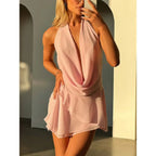 Cowl Neck Halter Mesh Mini Dress with Open Back Y2K Party Styling