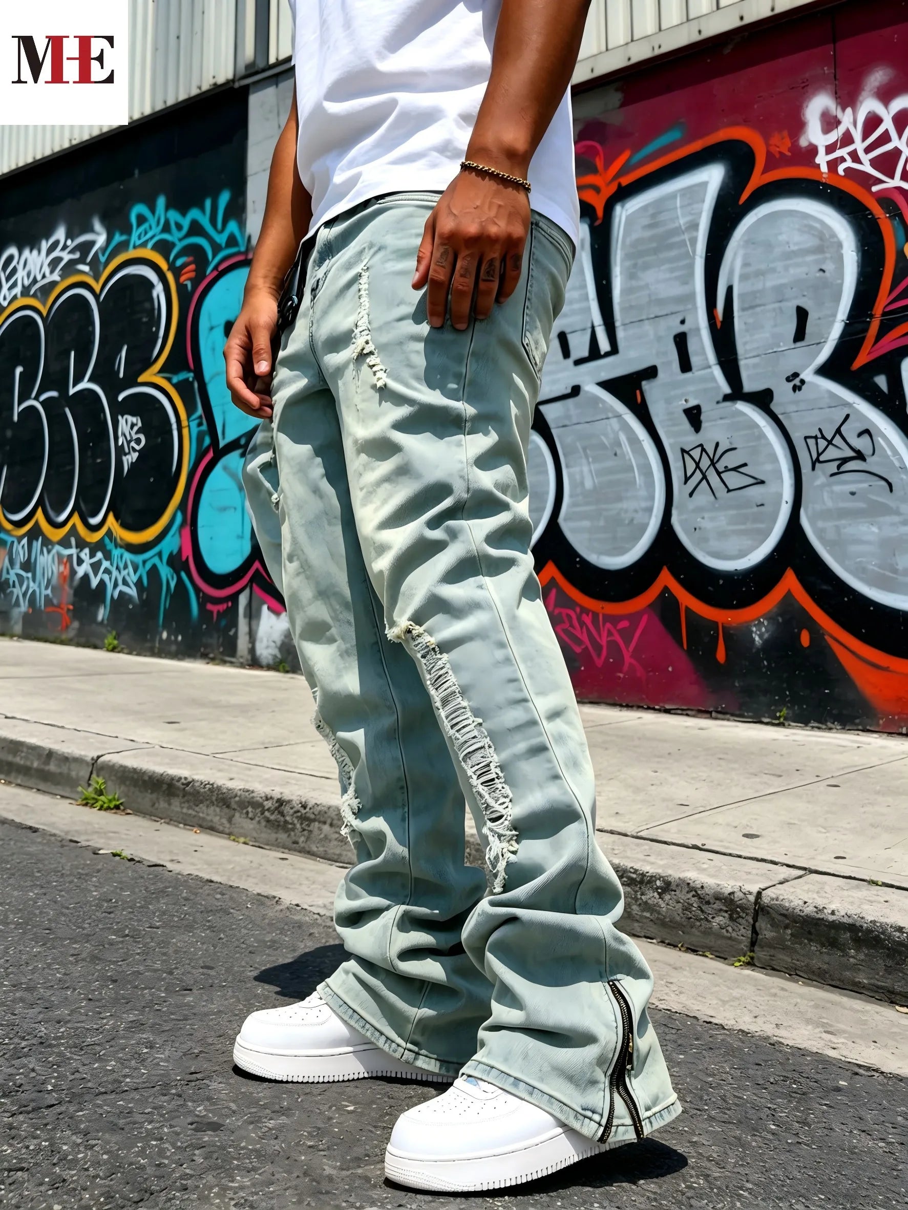 Men's Vintage Wash Flared Denim Jeans with Distressed Details and Relaxed Streetwear Fit