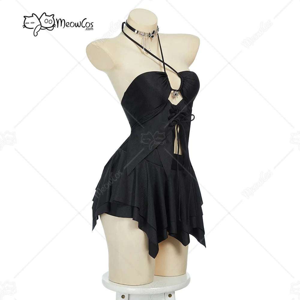 Women's Halter Cutout Two Piece Swim Set with Layered Skirt and Necklace Accessory