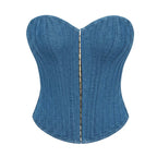Blue Denim Strapless Corset Top with Front Zipper and Sweetheart Neckline