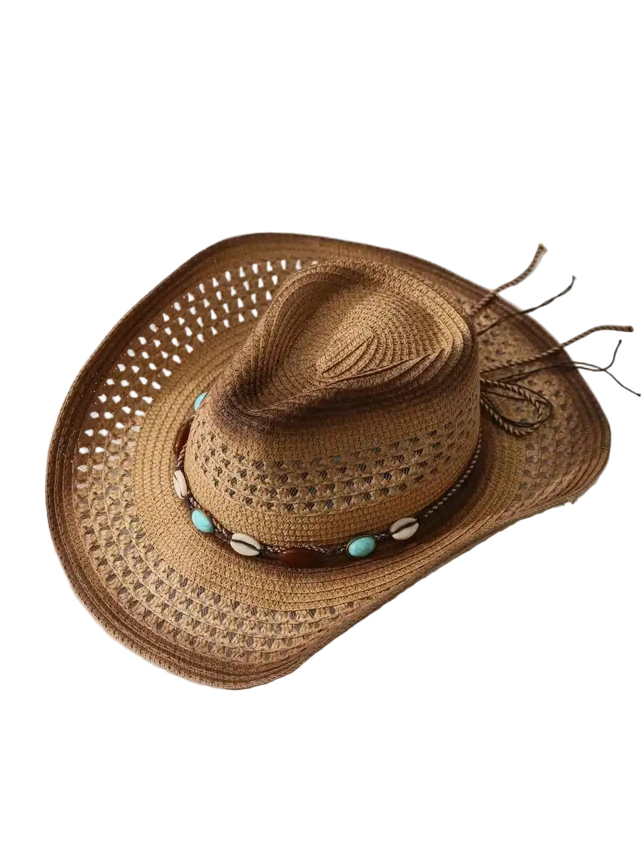Unisex Wide Brim Straw Cowboy Hat with Decorative Beaded Trim for Outdoor Summer Adventures