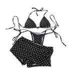 Classic Navy Polka Dot Three-Piece Bikini Set with Matching Swim Shorts