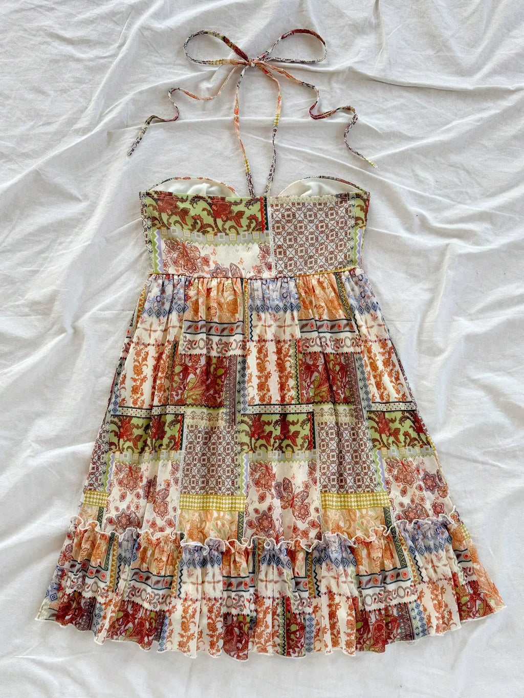Patchwork Print Halter Mini Dress with Ruffle Trim Bohemian Silhouette