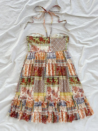 Patchwork Print Halter Mini Dress with Ruffle Trim Bohemian Silhouette