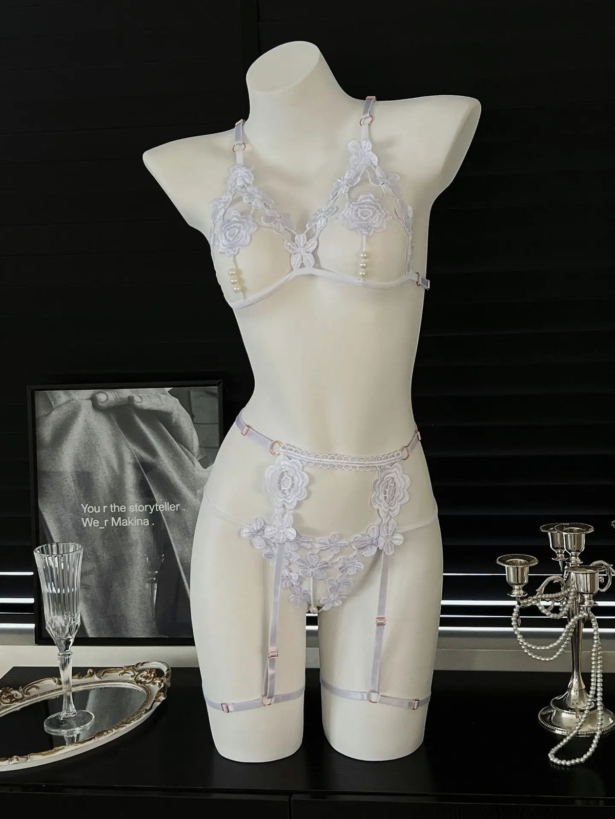 Bold Black Strappy Open-Cup Lingerie Set with Floral Appliqués and Leg Harnesses