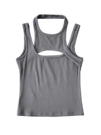 Asymmetrical Cut-Out Ribbed Tank Top with Sleeveless Slim Fit Streetwear Design